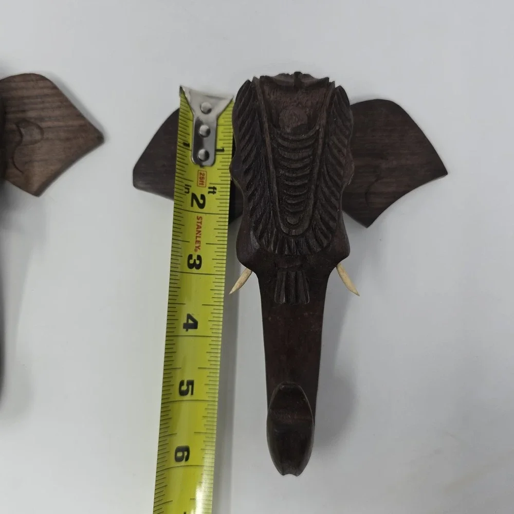 VTG Hand Carved Wood Elephant Head Wall Hanging /Hooks 6